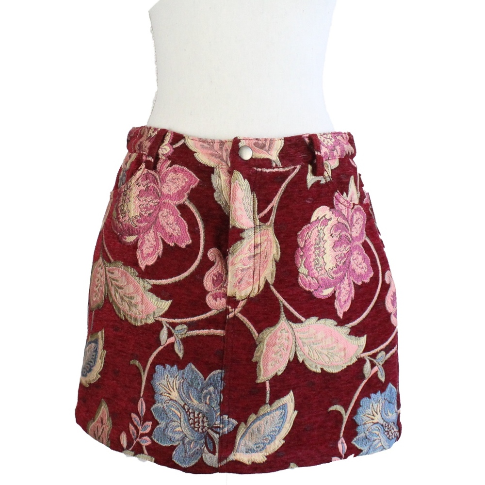Corduroy Burgundy Embroidered Mini Skirt